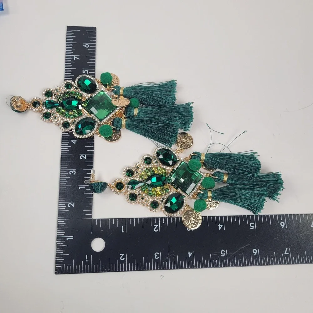 Huge Emerald Green Tassel Chandelier Earrings Rhinestone Dangle Boho Jewelry